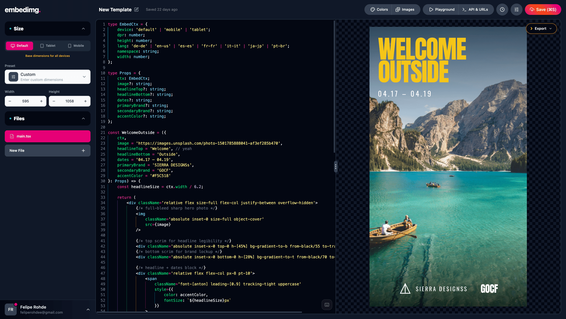embedimg studio — React template editor with live preview