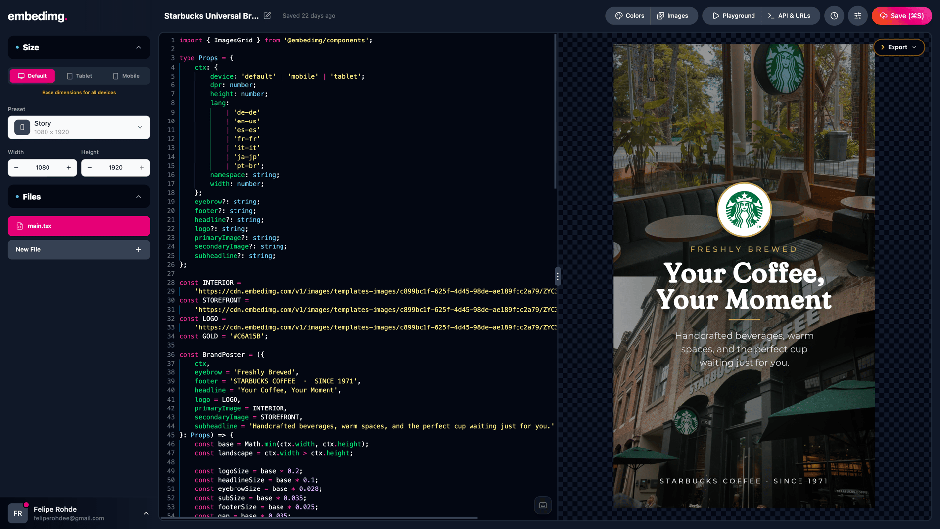 embedimg studio — live preview of a rendered brand poster