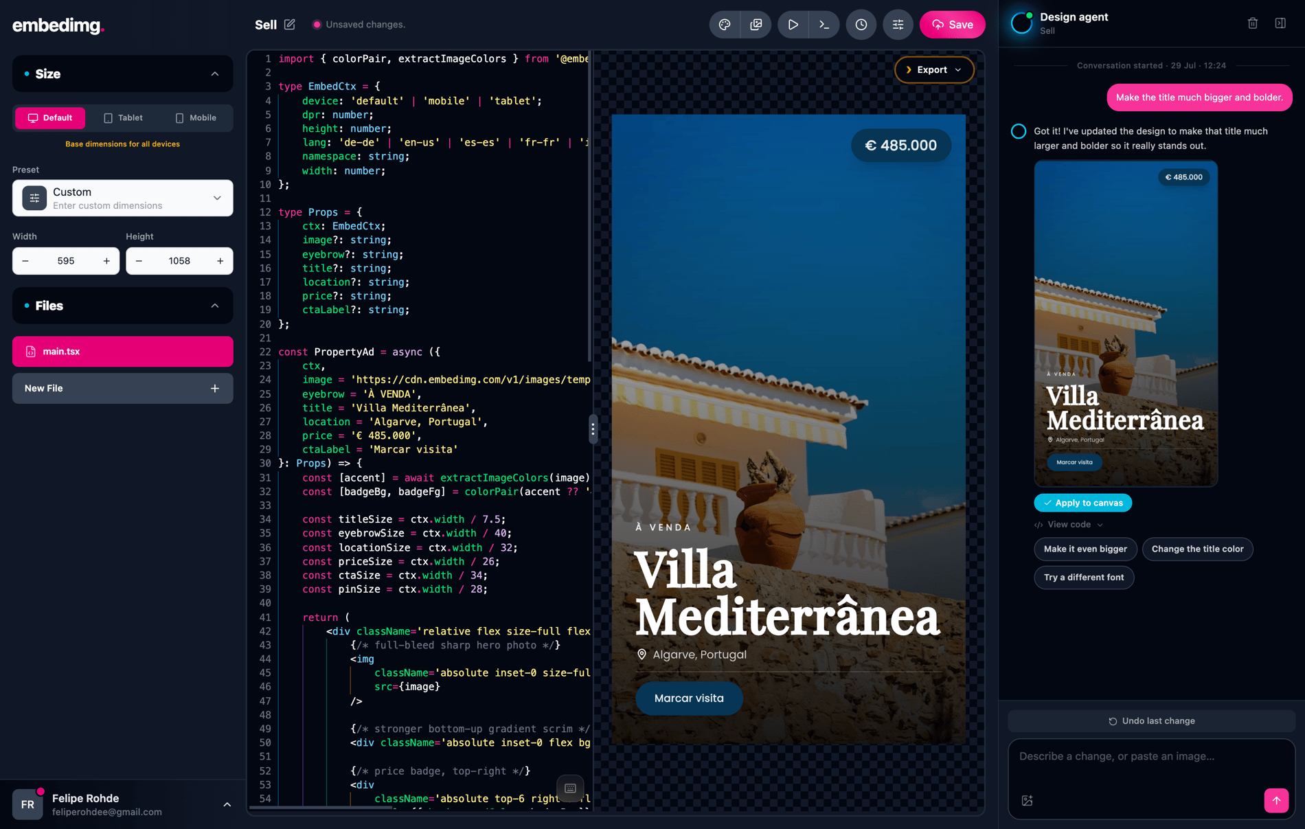 embedimg harness — Design agent editing a template beside live preview