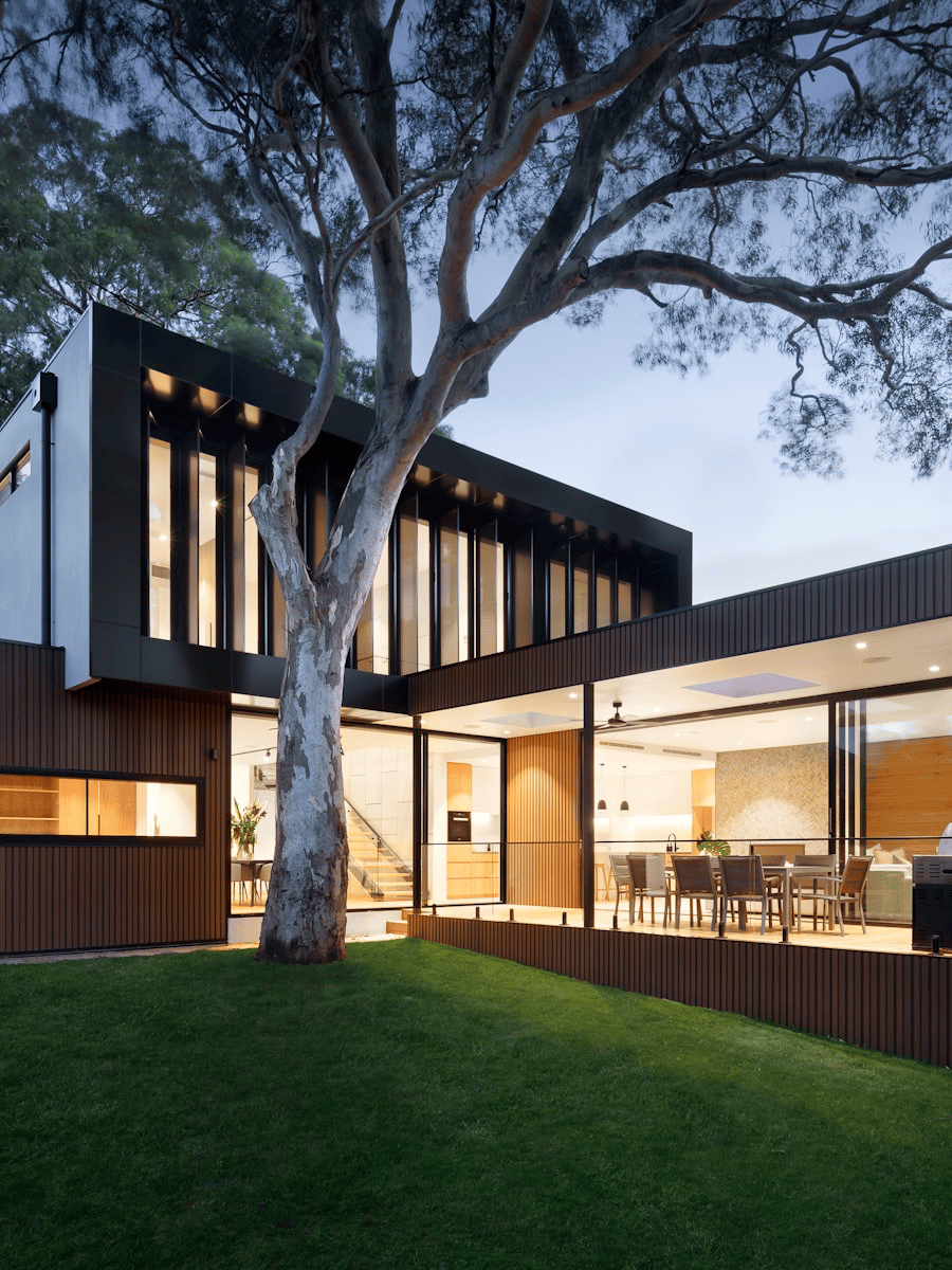 Modern house lit from within at twilight